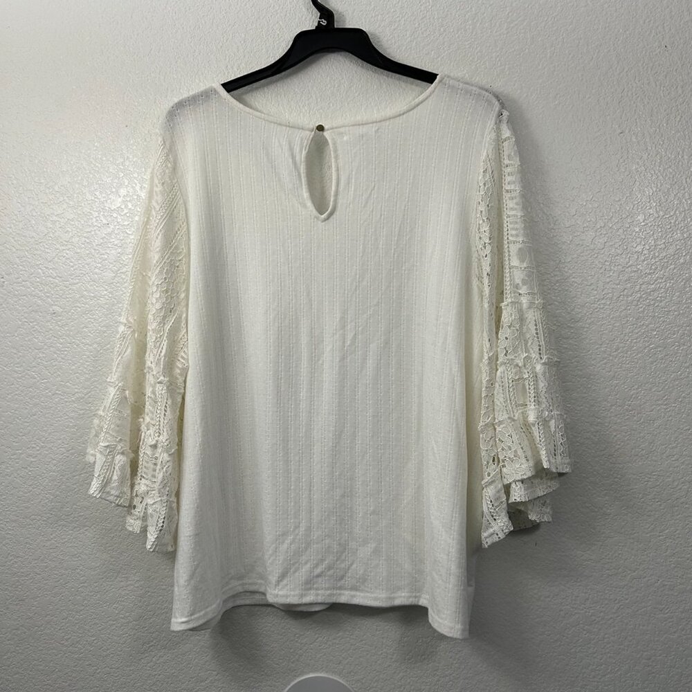 Maurices Ribbed Pointelle V-Neck 3/4 Lace Bell Sleeve Top - Picture 5 of 10